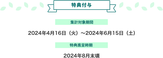 特典付与 集計対象期間 2024年4月16日（火）～2024年6月15日（土） 特典進呈時期 2024年8月末頃