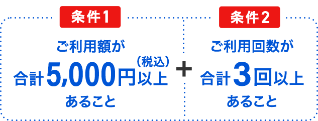 条件1 ご利用額が合計5,000円（税込）以上あること + 条件2 ご利用回数が合計3回以上あること