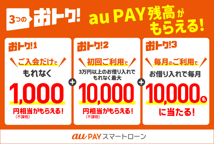 '3つのおトク！ 要エントリー。入会でもれなくau PAY残高がもらえる！おトク！1 入会でもれなく1000円（不課税）相当に。おトク！2 初回ご利用3万円以上のお借入れでもれなく最大10,000円（不課税）相当に。おトク！3 毎月のご利用でお借り入れで毎月10,000名に当たる