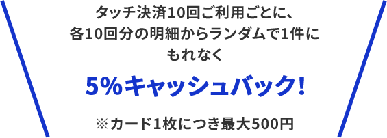 タッチ決済10回ご利用ごとに、各10回分の明細からランダムで1件にもれなく5％キャッシュバック※カード1枚につき最大500円