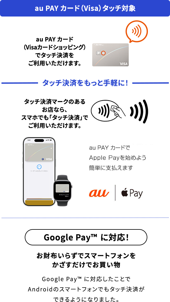 au PAY カード（Visaカードショッピング）でタッチ決済をご利用いただけます。タッチ決済をもっと手軽に！タッチ決済マークのあるお店なら、スマホでも「タッチ決済」でご利用いただけます。au PAY カードでApple Payを始めよう 簡単に支払えます Google Pay™ に対応！お財布いらずでスマートフォンをかざすだけでお買い物 Google Pay™ に対応したことで、Androidのスマートフォンでもタッチ決済ができるようになりました。