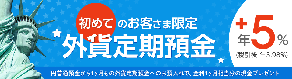 【外貨デビュー特典！うれしい現金プレゼント！】年５％の金利1ヶ月相当分！