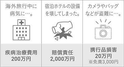 疾病治療費用・賠償責任・携行品損害など