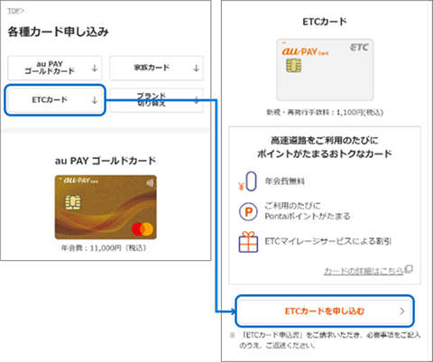会員さま専用サイト内の「各種カード申し込み」＞「ETCカードを申し込む」画面