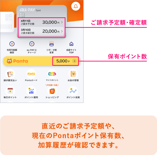 アプリ画面　直近のご請求予定額や現在のPontaポイント保有数、獲得履歴が確認できます。