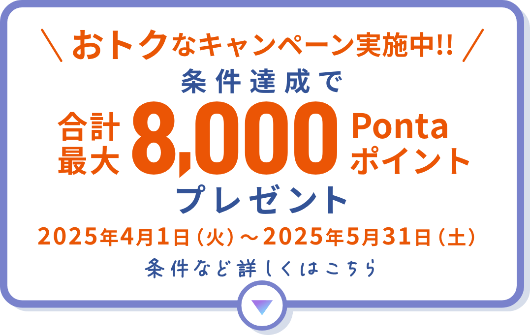 おトクなキャンペーン実施中!! 条件達成で合計最大8,000Pontaポイントプレゼント 2025年4月1日（火）〜2025年5月31日（土） 条件など詳しくはこちら