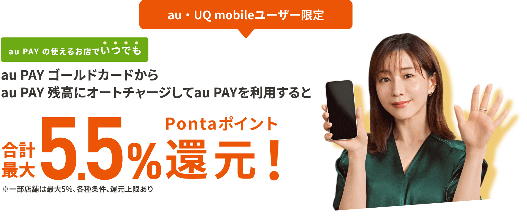 au・UQ mobileユーザー限定 au PAY の使えるお店でいつでも au PAY ゴールドカードからau PAY 残高にオートチャージしてau PAYを利用すると合計最大5.5%Pontaポイント還元！ ※一部店舗は最大5％、各種条件、還元上限あり