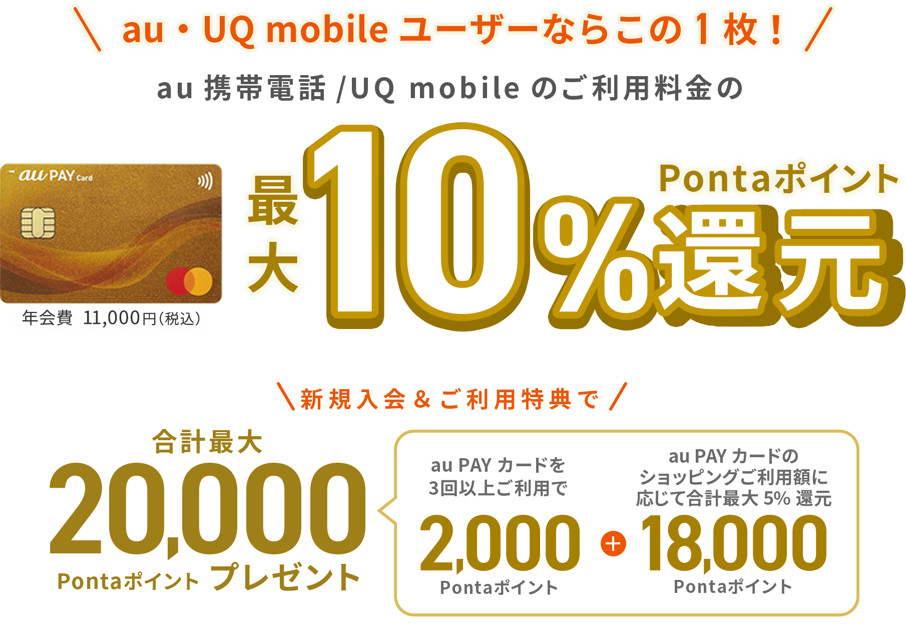 auユーザーならこの1枚！ au携帯電話のご利用料金の最大10%Pontaポイント還元 年会費11,000円（税込） 新規入会&ご利用特典で合計最大20,000Pontaポイントプレゼント ご入会&アプリログインで2,000Pontaポイント + ご利用回数に応じて最大18,000Pontaポイント