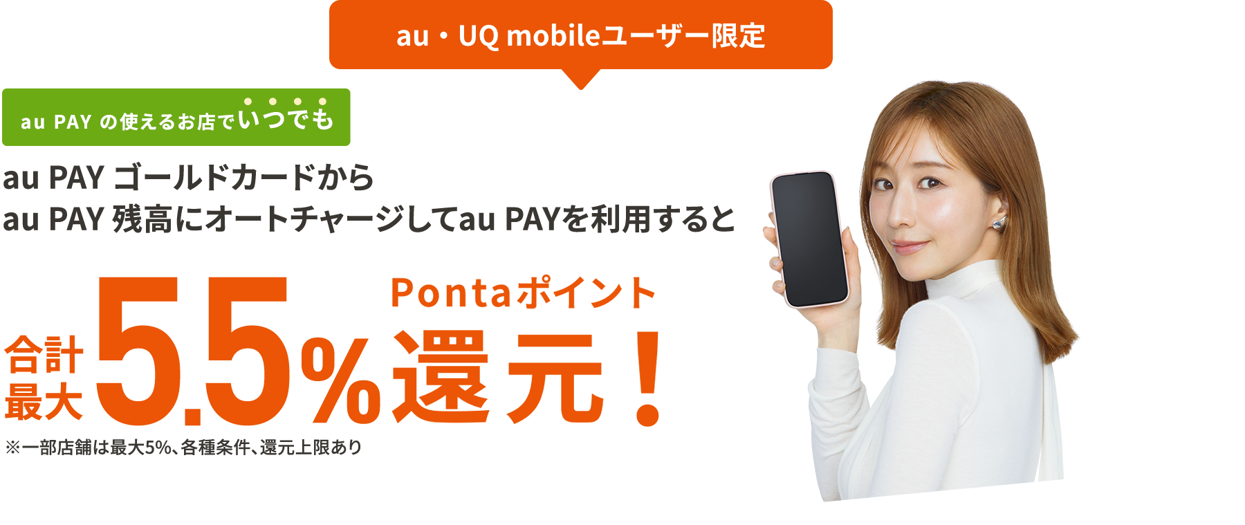 au・UQ mobileユーザー限定 au PAY の使えるお店でいつでも au PAY ゴールドカードからau PAY 残高にオートチャージしてau PAYを利用すると合計最大5.5%Pontaポイント還元！ ※一部店舗は最大5％、各種条件、還元上限あり
