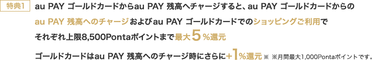 特典1 au PAY ゴールドカードからau PAY 残高へチャージすると、au PAY ゴールドカードからのau PAY 残高へのチャージおよびau PAY ゴールドカードでのショッピングご利用でそれぞれ上限8,500Pontaポイントまで最大5%還元 ゴールドカードはau PAY 残高へのチャージ時にさらに+1%還元※ ※月間最大1,000Pontaポイントです。