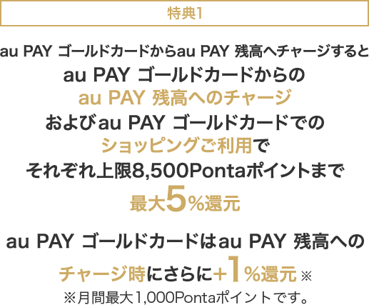 特典1 au PAY ゴールドカードからau PAY 残高へチャージすると、au PAY ゴールドカードからのau PAY 残高へのチャージおよびau PAY ゴールドカードでのショッピングご利用でそれぞれ上限8,500Pontaポイントまで最大5%還元 ゴールドカードはau PAY 残高へのチャージ時にさらに+1%還元※ ※月間最大1,000Pontaポイントです。