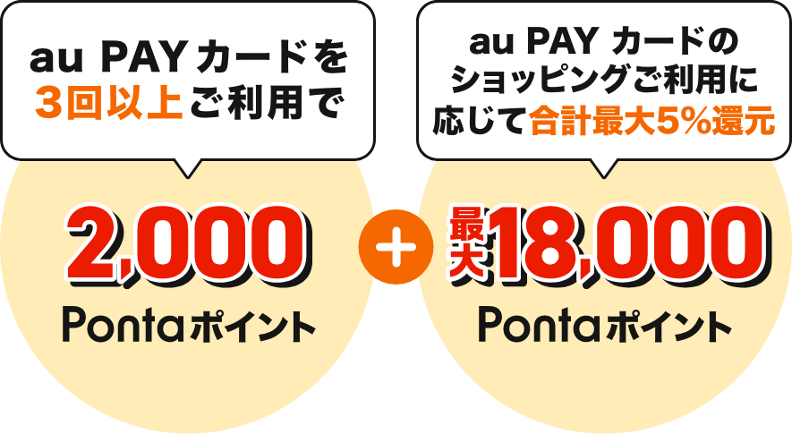 au PAY カードを3回以上ご利用で2,000Pontaポイント + au PAY カードのショッピングご利用に応じて合計最大5%還元 最大18,000Pontaポイント