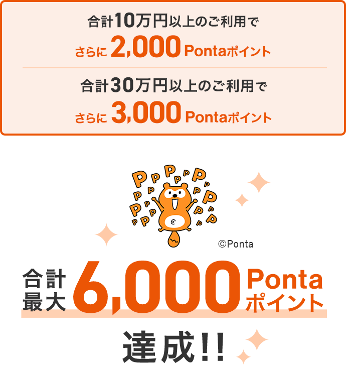 合計10万円以上のご利用でさらに2,000Pontaポイント 合計30万円以上のご利用でさらに3,000Pontaポイント 合計最大6,000Pontaポイント達成!!