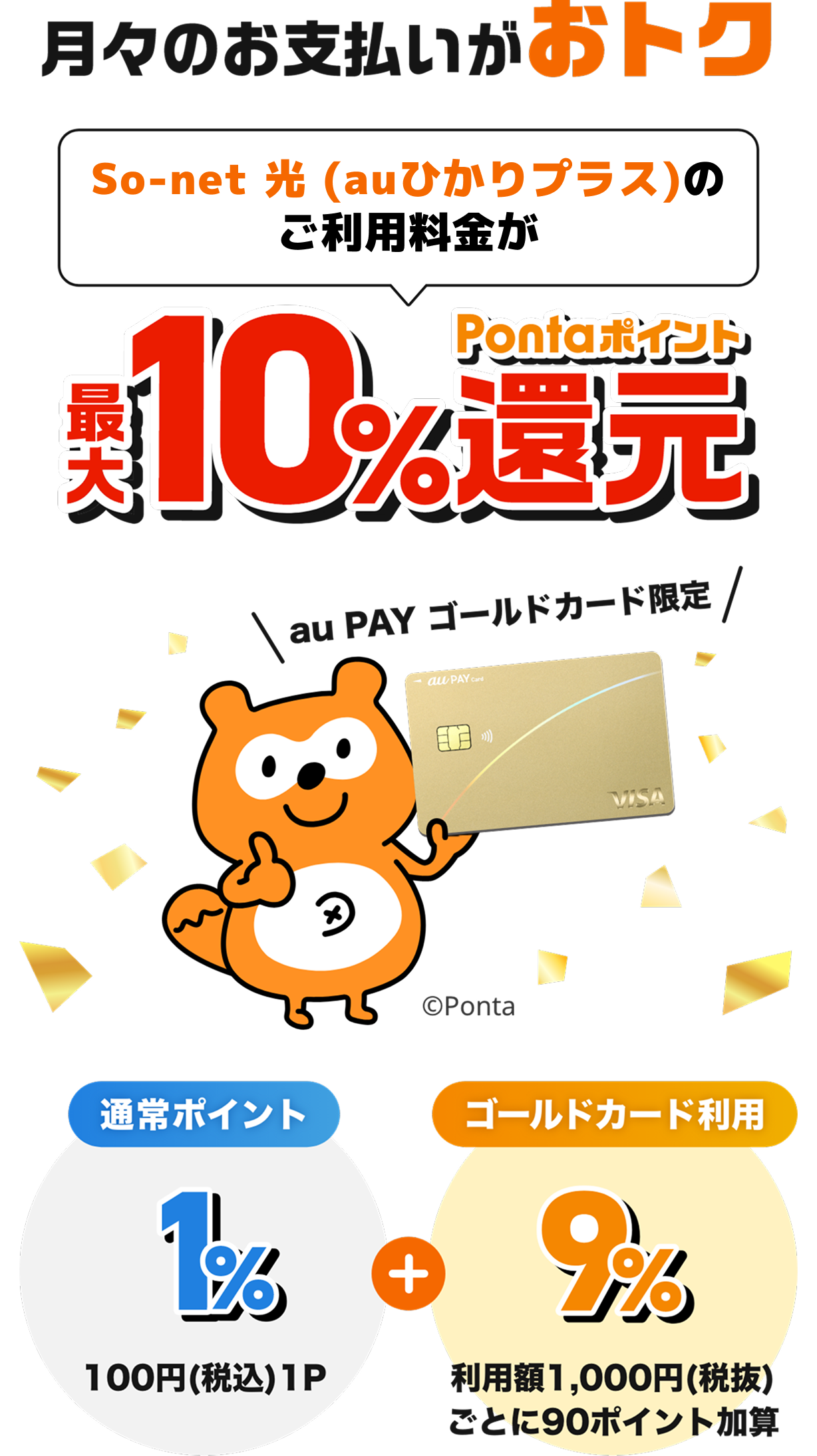 月々のお支払いがおトクSo-net 光 (auひかりプラス)をご利用料金の最大10%Pontaポイント還元 au PAY ゴールドカード限定 「通常ポイント 1% 100円(税込)1P」 + 「ゴールドカード利用 9% 利用額1,000円(税抜)ごとに90ポイント加算」