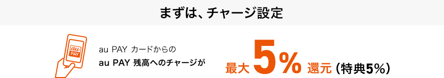 まずは、チャージ設定 au PAY カードからのau PAY 残高へのチャージが最大5%還元（特典5％）