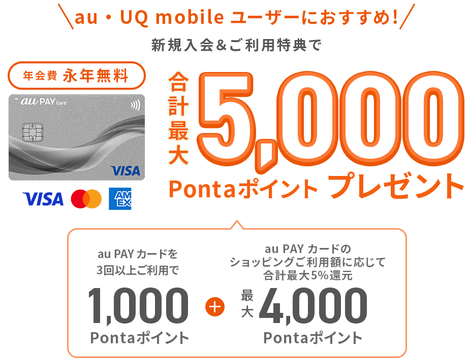 au・UQ mobile ユーザーにおすすめ! 新規入会&ご利用特典で合計最大5,000Pontaポイントプレゼント au PAY カードを3回以上ご利用で1,000Pontaポイント + au PAY カードのショッピングご利用額に応じて合計最大5%還元。最大4,000Pontaポイント 年会費 永年無料