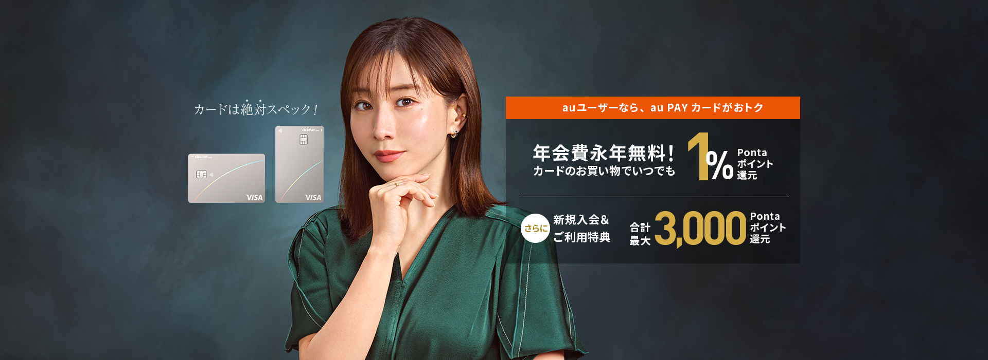 au ユーザーなら、au PAY カードがおトク 年会費永年無料！カードのお買い物でいつでも1%Pontaポイント還元 さらに新規入会&ご利用特典合計最大3,000Pontaポイント還元 カードは絶対スペック！