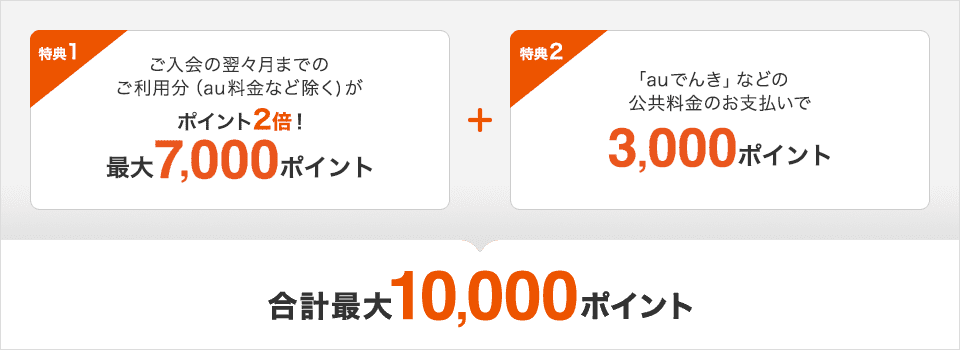 特典1 ご入会の翌々月までのご利用分(au料金など除く)がポイント2倍!最大7,000ポイント+特典2 「auでんき」などの公共料金のお支払いで3,000ポイント=合計最大10,000ポイント