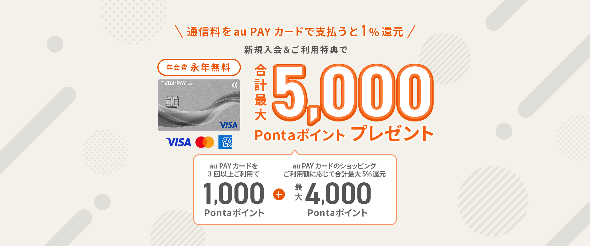 通信料をau PAY カードで支払うと1%還元 新規入会&ご利用特典で合計最大5,000Pontaポイントプレゼント（au PAY カードを3回以上ご利用で1,000Pontaポイント + au PAY カードのショッピングご利用額に応じて合計最大5%還元 最大4,000Pontaポイント）年会費永年無料