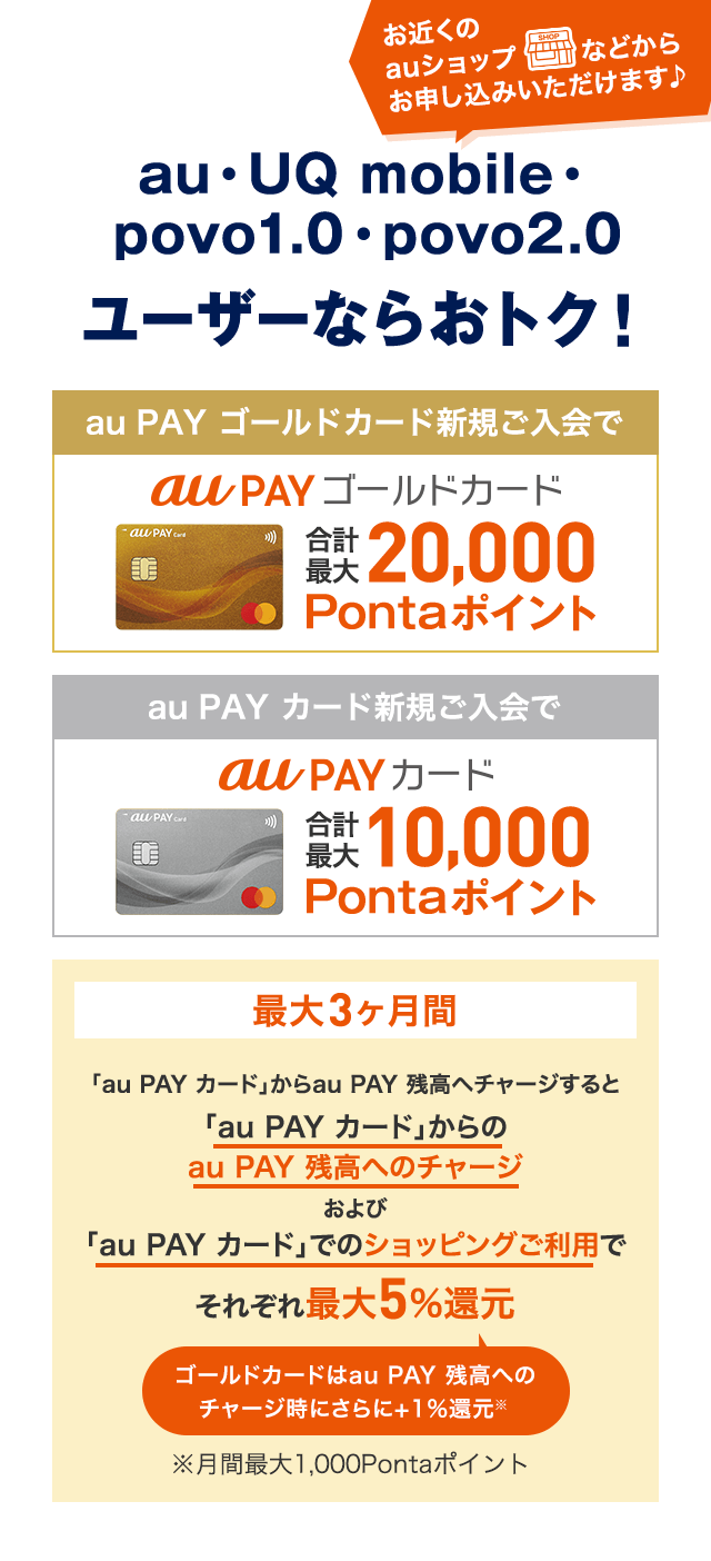 au・UQ mobile・povo1.0・povo2.0ユーザーならおトク！ お近くのauショップなどからお申し込みいただけます♪ au PAY ゴールドカード新規ご入会で合計最大20,000Pontaポイント au PAY カード新規ご入会で合計最大10,000Pontaポイント 最大3ヶ月間「au PAY カード」からau PAY 残高へチャージすると「au PAY カード」からのau PAY 残高へのチャージおよび「au PAY カード」でのショッピングご利用でそれぞれ最大5%還元 ゴールドカードはau PAY 残高へのチャージ時にさらに+1％還元※ ※月間最大1,000Pontaポイント
