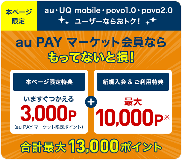 au PAY マーケットでつかえる3,000Pプレゼント｜au PAY カード