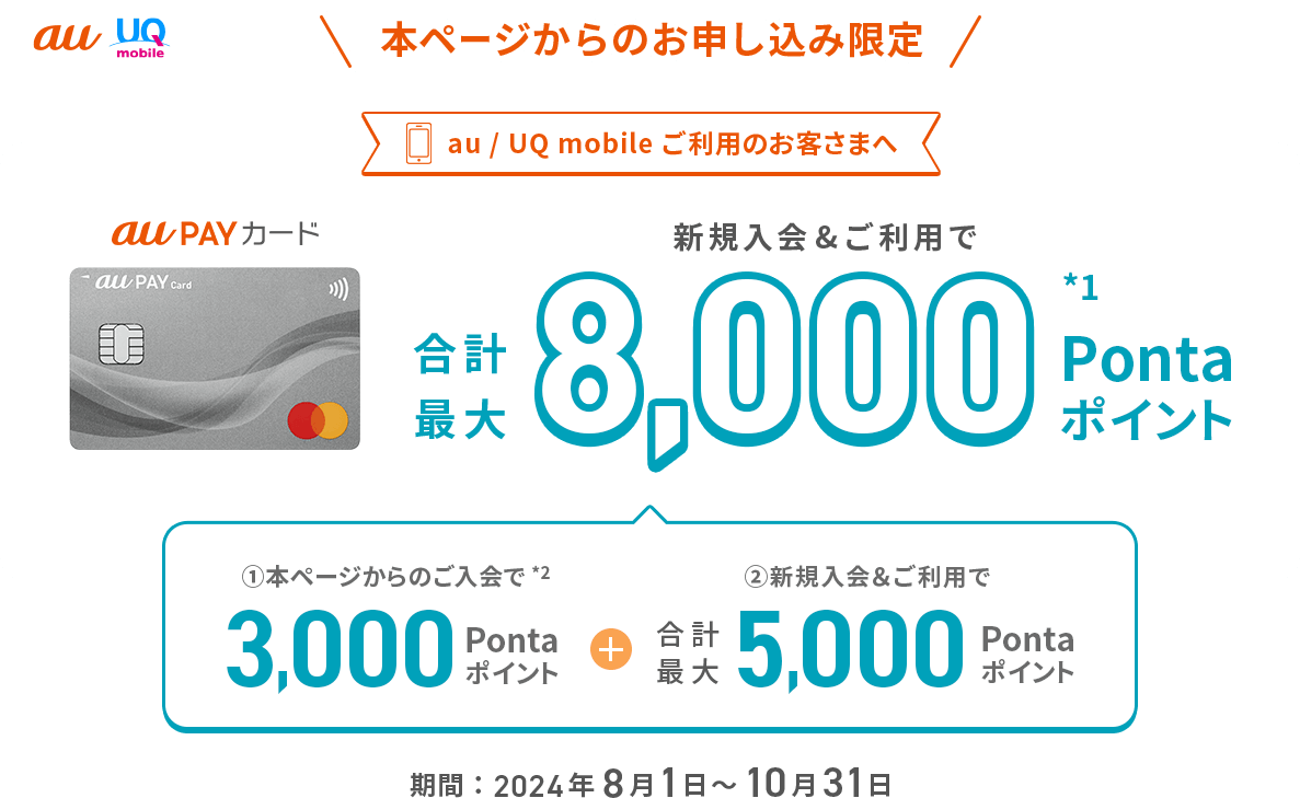 au UQ mobile 本ページからのお申し込み限定 au / UQ mobileご利用のお客さまへ au PAY カード 新規入会&ご利用で合計最大8,000Pontaポイント*1 ①本ページからのご入会で*2 3,000Pontaポイント + ②新規入会&ご利用で合計最大5,000Pontaポイント 期間：2024年8月1日～10月31日