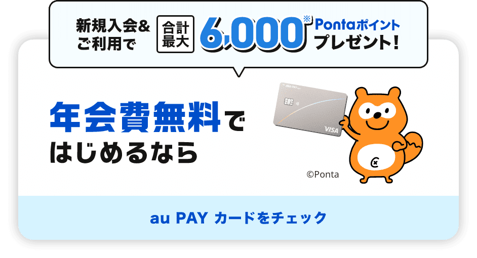 新規入会&ご利用で合計最大6,000※Pontaポイントプレゼント！ 年会費無料ではじめるなら au PAY カードをチェック