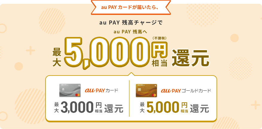 au PAY カードが届いたら、au PAY 残高チャージでau PAY 残高へ最大5,000円相当還元(不課税) au PAY カード 最大3,000円相当還元 au PAY ゴールドカード 最大5,000円相当還元