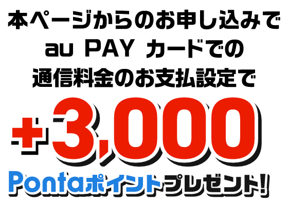 本ページからのお申し込みでau PAY カードでの通信料金のお支払設定で+3,000Pontaポイントプレゼント