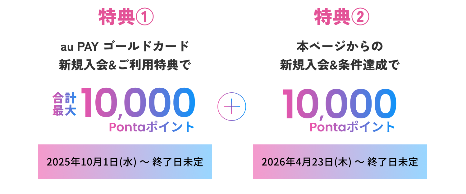 特典1 au PAY ゴールドカード 新規入会&ご利用特典で合計最大10,000Pontaポイント 2025年10月1日(水)～終了日未定 特典2 本ページからの新規入会&条件達成で10,000Pontaポイント 2026年4月23日(木)～終了日未定