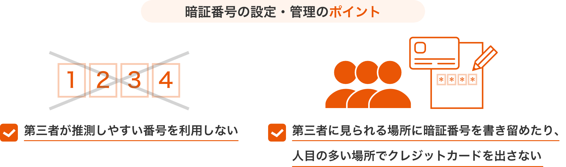 暗証番号の設定・管理のポイント 第三者が推測しやすい番号を利用しない 第三者に見られる場所に暗証番号を書き留めたり、人目の多い場所でクレジットカードを出さない