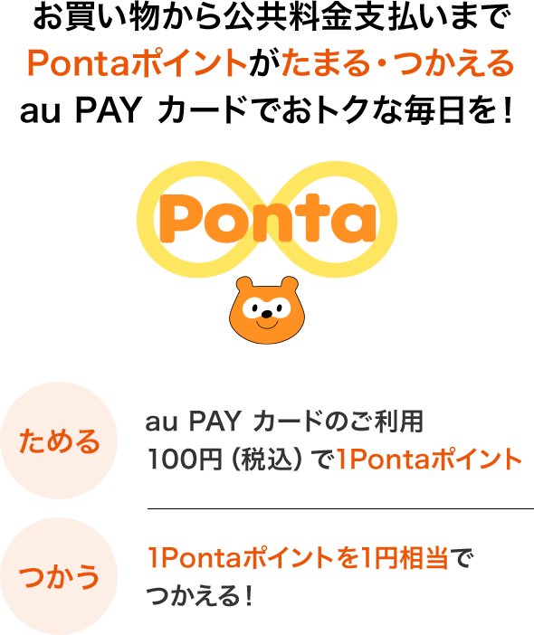 お買い物から公共料金支払いまでPontaポイントがたまる・つかえるau PAY カードでおトクな毎日を！