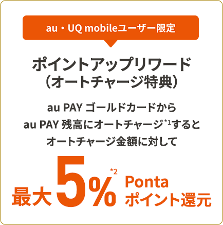 au·UQ mobileユーザー限定 ポイントアップリワード(オートチャージ特典)au PAY ゴールドカードからau PAY 残高にオートチャージ*1するとオートチャージ金額に対して最大5%*2Pontaポイント還元