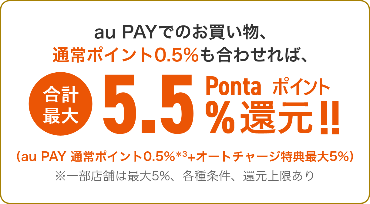 au PAYでのお買い物、通常ポイント0.5%も合わせれば、合計最大5.5%Pontaポイント還元!!（au PAY 通常ポイント0.5%(*3)+オートチャージ特典最大5%）※一部店舗は最大5%、各種条件、還元上限あり