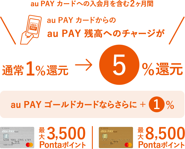 au PAY カードへの入会月を含む2ヶ月間 au PAY カードからのau PAY 残高へのチャージが通常1%還元 → 5%還元 au PAY ゴールドカードならさらに+1% au PAY カード 最大3,500Pontaポイント au PAY ゴールドカード 最大8,500Pontaポイント