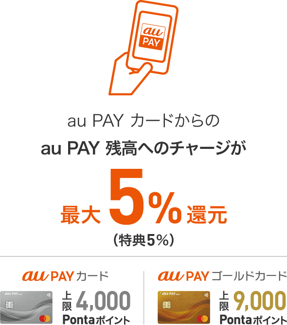 au PAY カードからのau PAY 残高へのチャージが最大5%還元（特典5%） au PAY カード 上限4,000Pontaポイント au PAY ゴールドカード 上限9,000Pontaポイント