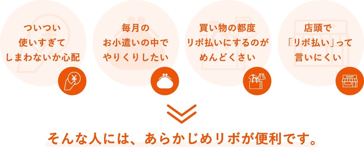 ついつい使いすぎてしまわないか心配 毎月のお小遣いの中でやりくりしたい 買い物の都度リボ払いにするのがめんどくさい 店頭で「リボ払い」って言いにくい そんな人には、あらかじめリボが便利です。