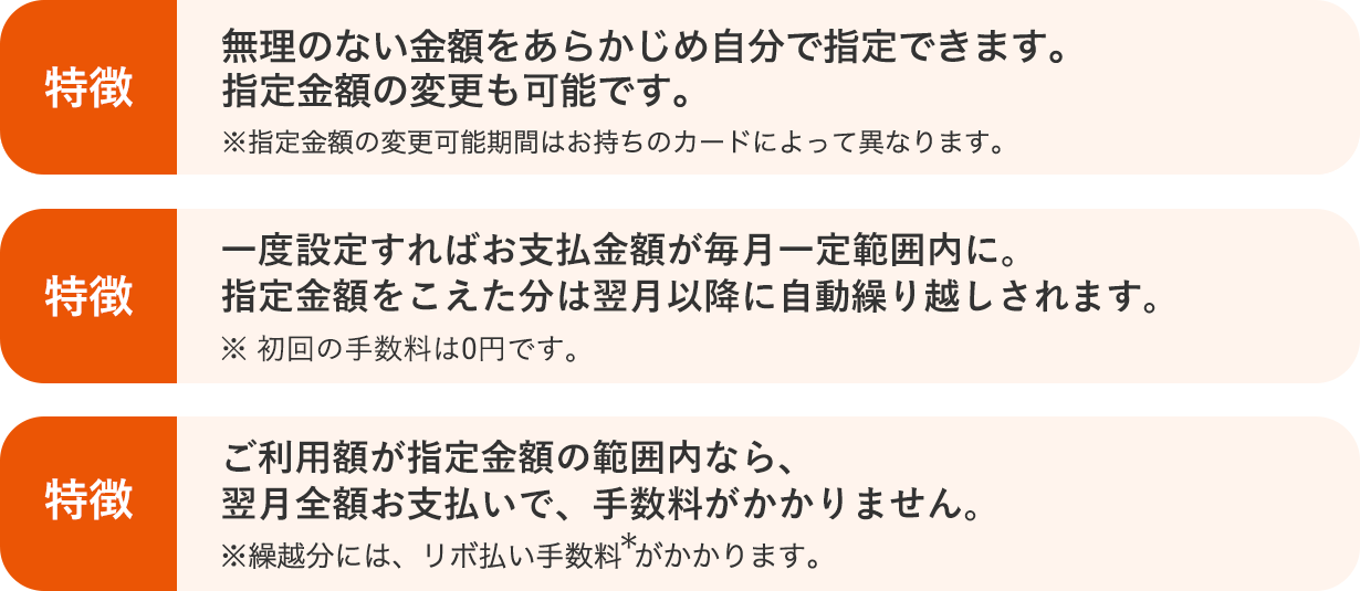 特徴 無理のない金額をあらかじめ自分で指定できます。また、お支払日の5営業日前までなら指定金額を変更できます。 特徴 一度設定すればお支払金額が毎月一定範囲内に。指定金額をこえた分は翌月以降に自動繰り越しされます。※初回の手数料は0円です。 特徴 ご利用額が指定金額の範囲内なら、翌月全額お支払いで、手数料がかかりません。※繰越分には、リボ払い手数料（実質年率15.00%）がかかります。