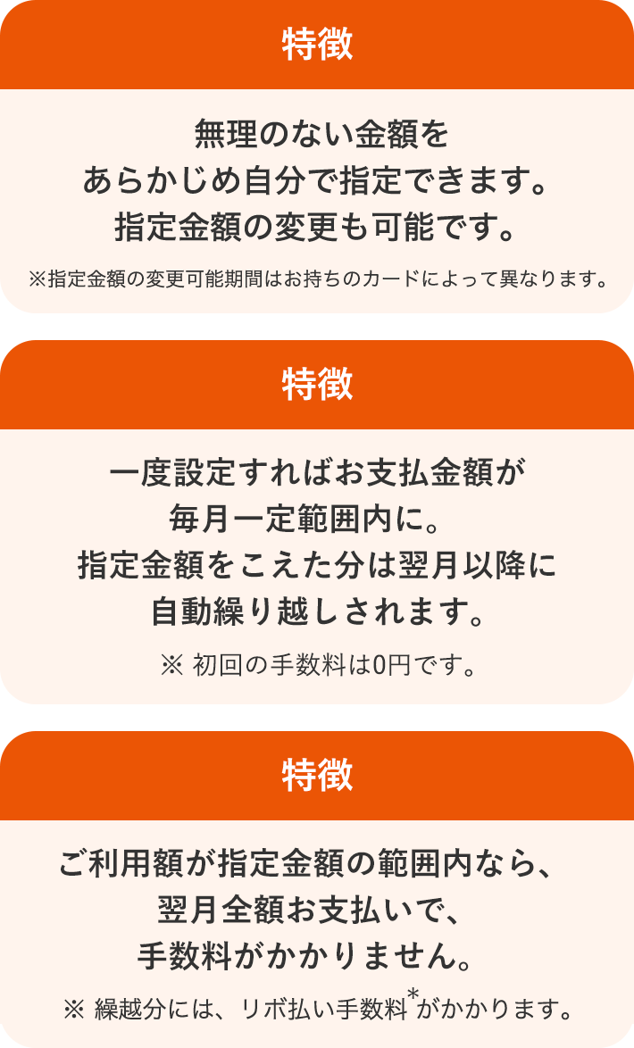 無理のない金額をあらかじめ自分で指定できます。指定金額の変更も可能です。※指定金額の変更可能期間はお持ちのカードによって異なります。 特徴 一度設定すればお支払金額が毎月一定範囲内に。指定金額をこえた分は翌月以降に自動繰り越しされます。※初回の手数料は0円です。 特徴 ご利用額が指定金額の範囲内なら、翌月全額お支払いで、手数料がかかりません。※繰越分には、リボ払い手数料*がかかります。