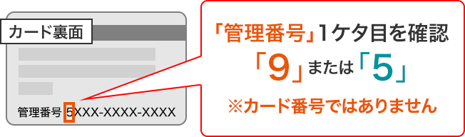 「管理番号」1ケタ目を確認「9」または「5」※カード番号ではありません