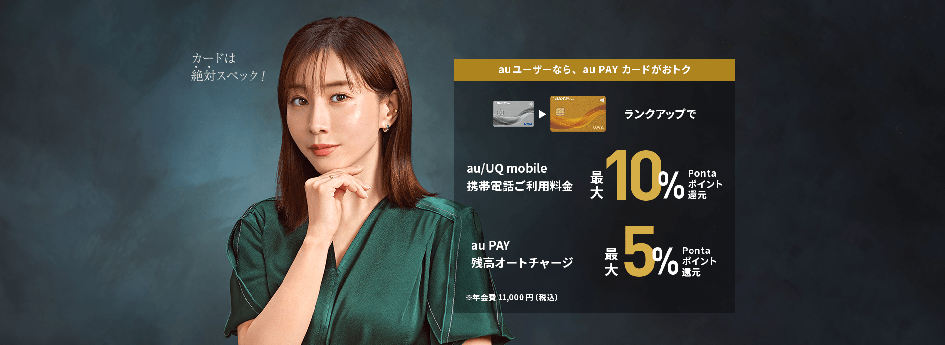 au ユーザーなら、au PAY カードがおトク カードは絶対スペック! au PAY カード → au PAY ゴールドカード ランクアップで au/UQ mobile携帯電話ご利用料金 最大10%Pontaポイント還元 | au PAY 残高オートチャージ還元 最大5%Pontaポイント還元 ※年会費11,000円(税込) ※諸条件がございます。詳しくはこちら